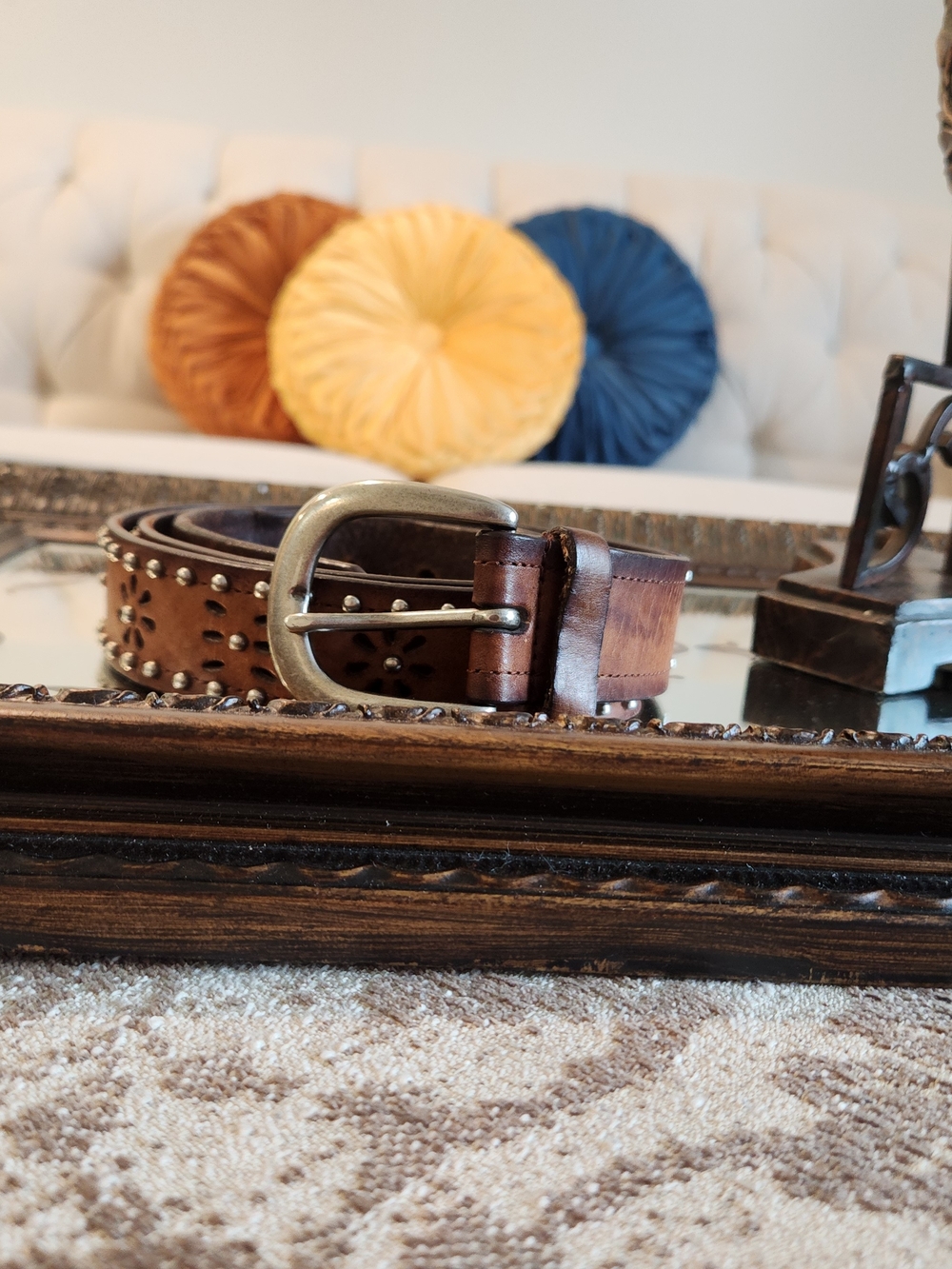 Women's Brown Studded Leather Belt with Antique Brass Buckle